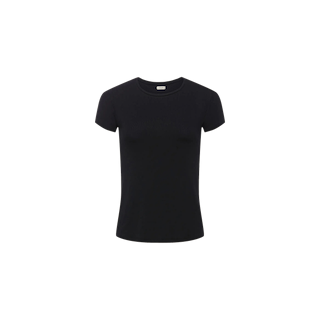 The Ressi Micro-Rib Tee, a slim-fit crew-neck women’s top in plain black with short sleeves, is displayed on a white background.