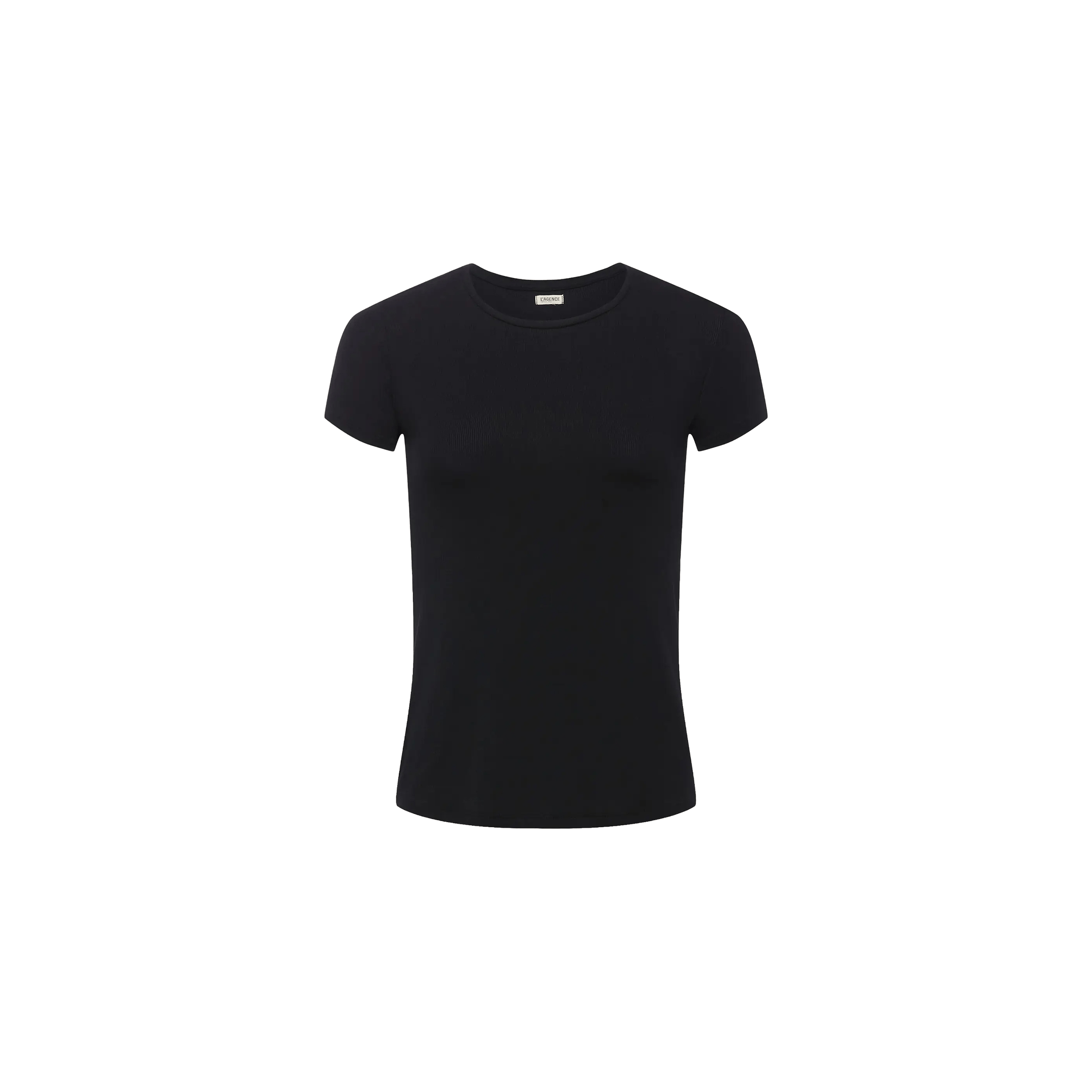 The Ressi Micro-Rib Tee, a slim-fit crew-neck shirt with short sleeves in plain black, is displayed on a white background.