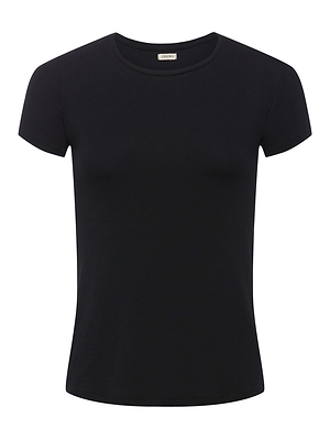 The Ressi Micro-Rib Tee is a slim-fit, plain black crew-neck top with short sleeves and a round neckline, shown against a white background.
