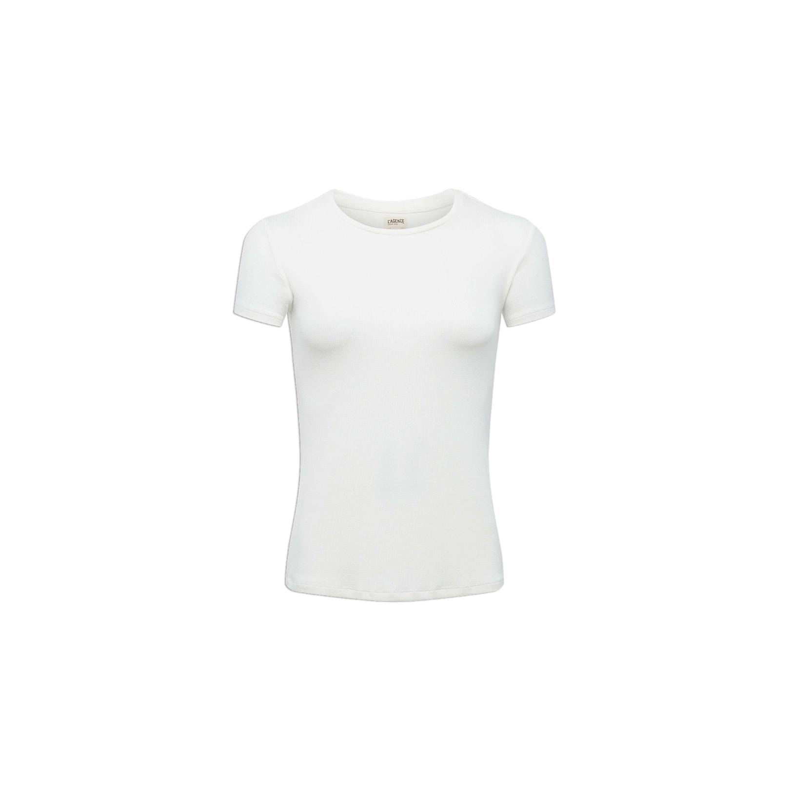The Ressi Micro-Rib Tee, a slim-fit women’s crew-neck with short sleeves in plain white, is displayed on a white background.