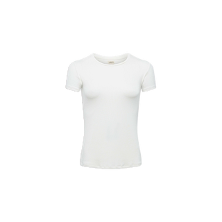 The Ressi Micro-Rib Tee, a slim-fit women’s crew-neck with short sleeves in plain white, is displayed on a white background.