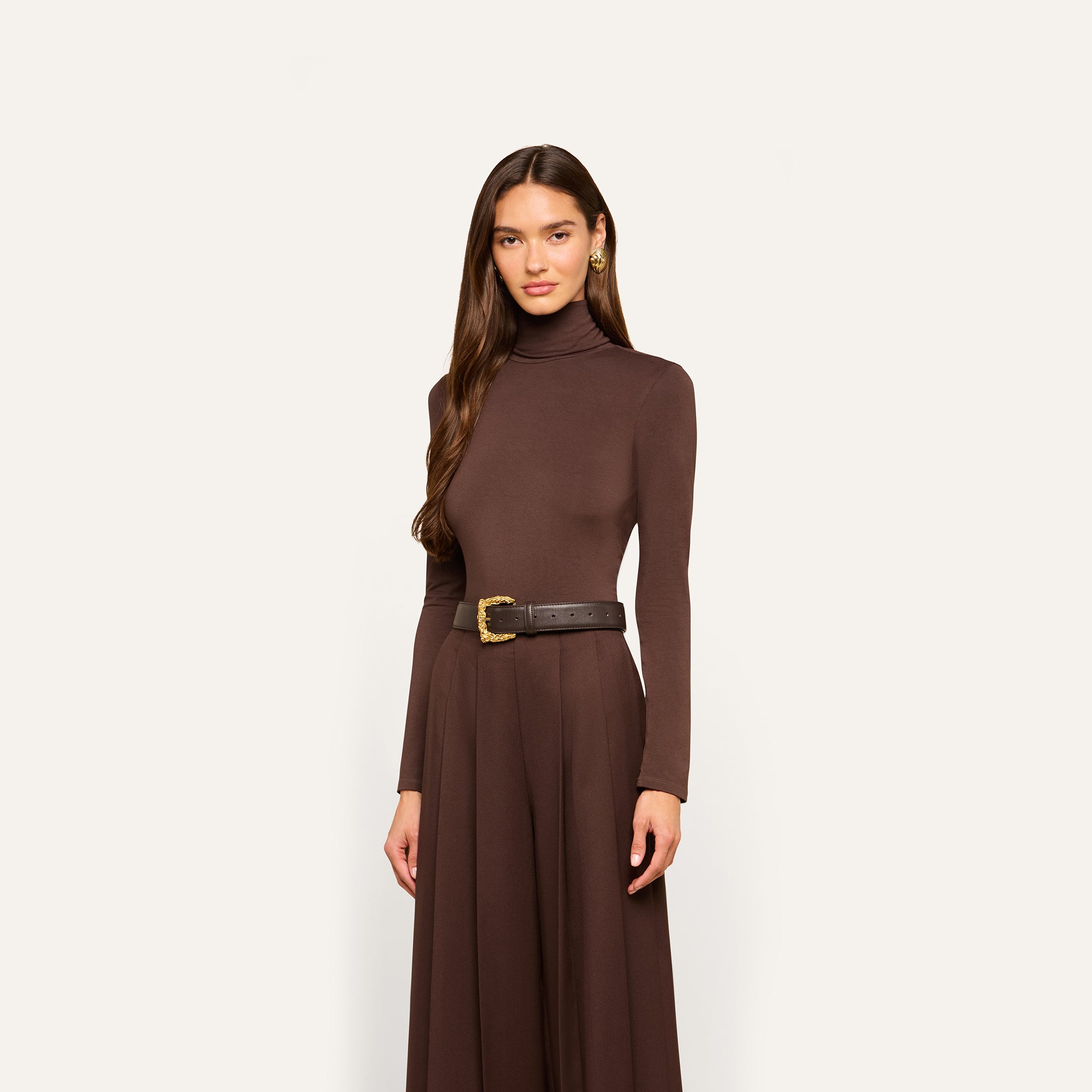 A woman wearing the Lani Turtleneck, a long-sleeve, slim fit dress in dark java brown with a wide black belt, stands against a light background and looks at the camera with a neutral expression.