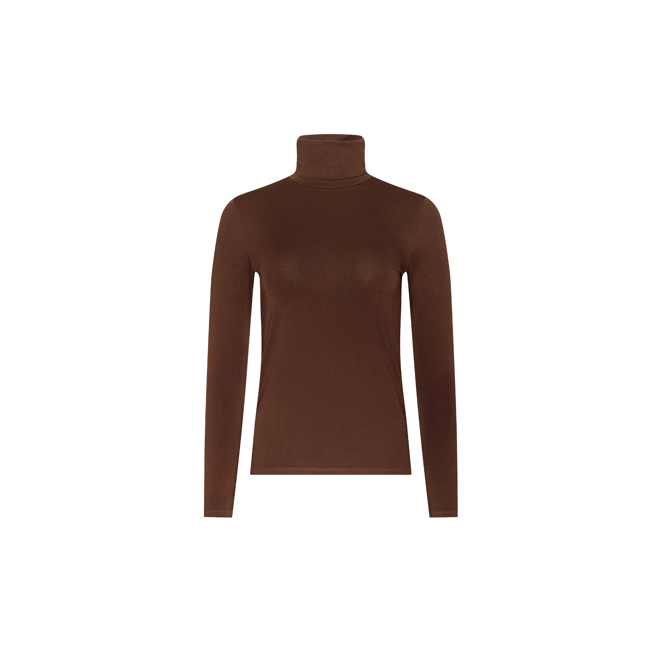 The Lani Turtleneck, a slim fit long-sleeve sweater in dark java brown, is displayed on a plain white background.