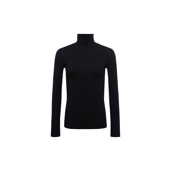 The Lani Turtleneck, a black long-sleeve shirt with a slim fit, is displayed on a plain white background and shown from the front without any visible logos or designs, highlighting its sleek, modern silhouette.