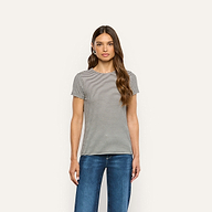 A person wearing a Ressi Fitted Tee, featuring a slim fit, short-sleeved crewneck with thin black and white horizontal stripes, paired with blue jeans.