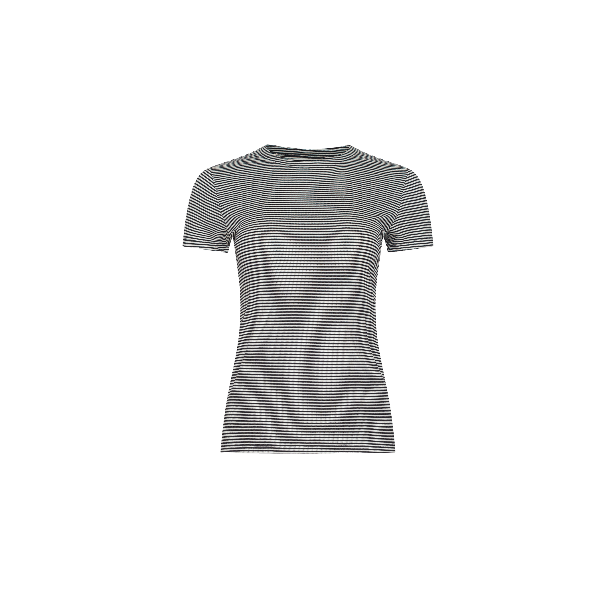 Ressi Fitted Tee, a slim-fit, short-sleeved crewneck t-shirt in a ribbed knit with thin black and white horizontal stripes.