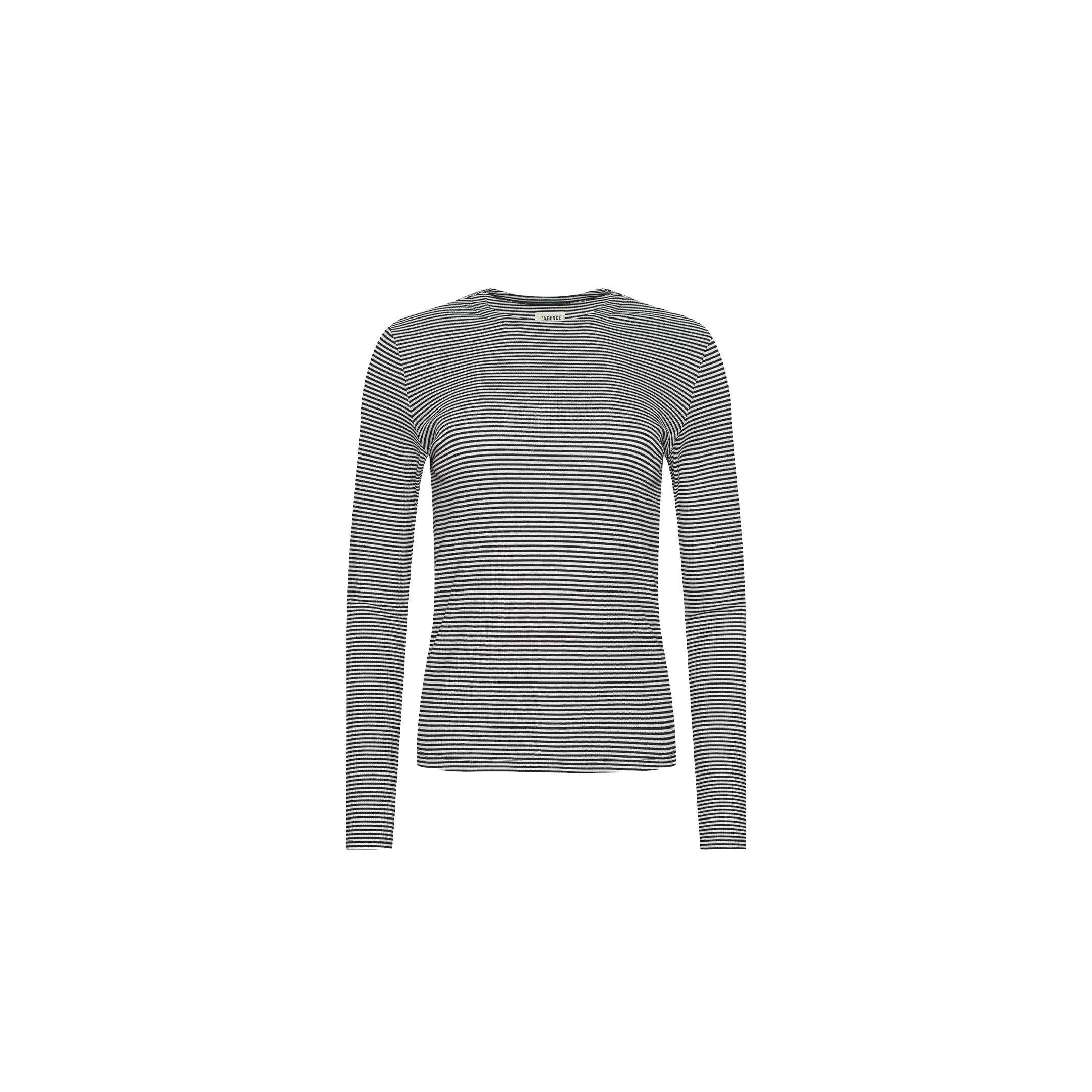 Tess Long Sleeve Tee in a slim-fit, long-sleeve crew neck style, featuring a ribbed knit with thin black and white horizontal stripes.