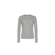 Tess Long Sleeve Tee in a slim-fit, long-sleeve crew neck style, featuring a ribbed knit with thin black and white horizontal stripes.
