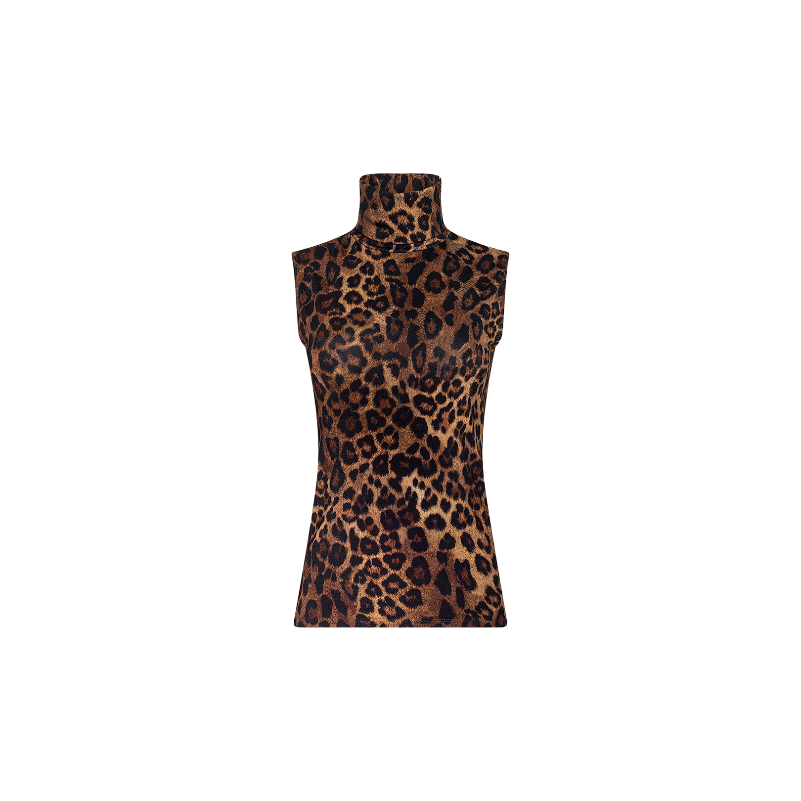 Ceci Sleeveless Turtleneck in a slim fit, showcasing a bold brown and black leopard print pattern, displayed on a plain white background.
