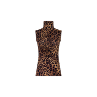 The Ceci Sleeveless Turtleneck is a slim fit, sleeveless top with a brown and black leopard print pattern, shown against a plain white background.
