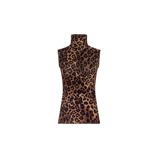 Ceci Sleeveless Turtleneck in a slim fit, showcasing a bold brown and black leopard print pattern, displayed on a plain white background.