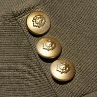 Close-up of three gold buttons with a raised lion design on an ash olive green, ribbed knit fabric—the Ceci Sleeveless Turtleneck.
