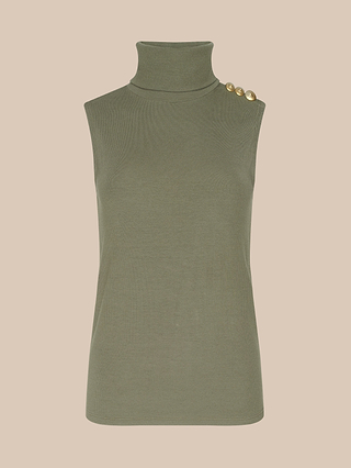 The Ceci Sleeveless Turtleneck features an ash olive green hue and a turtleneck design, with three gold buttons adorning the left shoulder. Crafted from a soft ribbed knit, it is presented against a plain beige background.