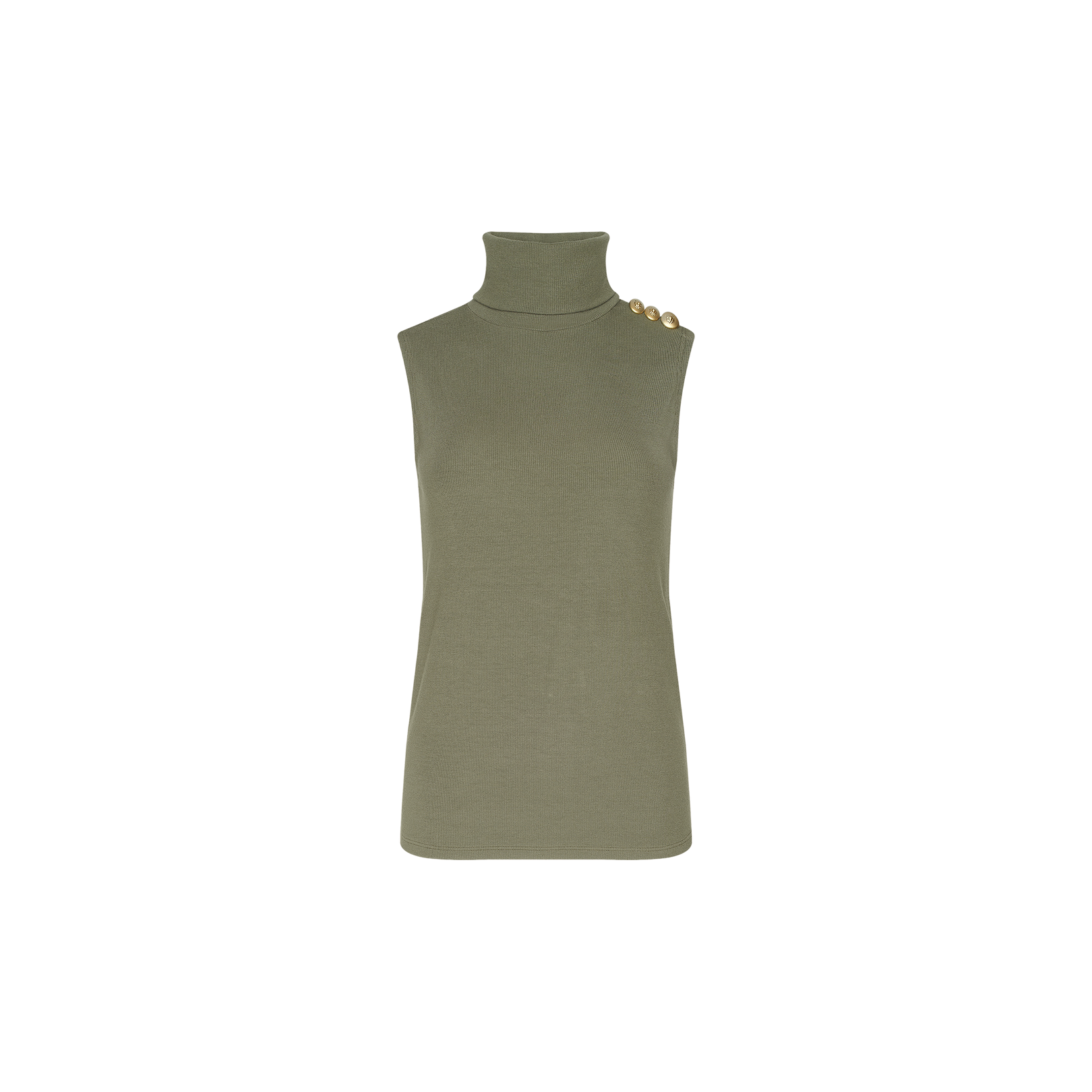 Ceci Sleeveless Turtleneck in ash olive green features a ribbed knit design and three gold buttons on one shoulder, displayed against a plain white background.