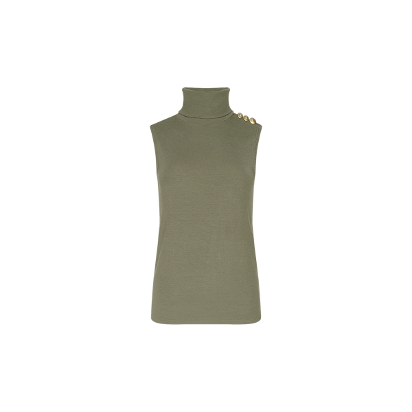 The Ceci Sleeveless Turtleneck is an ash olive green ribbed knit top featuring a fitted silhouette and three gold buttons on the left shoulder, shown against a plain white background.