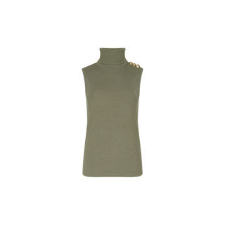 Ceci Sleeveless Turtleneck in ash olive green features a ribbed knit design and three gold buttons on one shoulder, displayed against a plain white background.