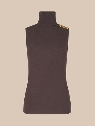 The Ceci Sleeveless Turtleneck, crafted from stretch rib knit for a slim-fitting silhouette, features a brown hue, three gold buttons on the left shoulder, and is showcased against a beige background.