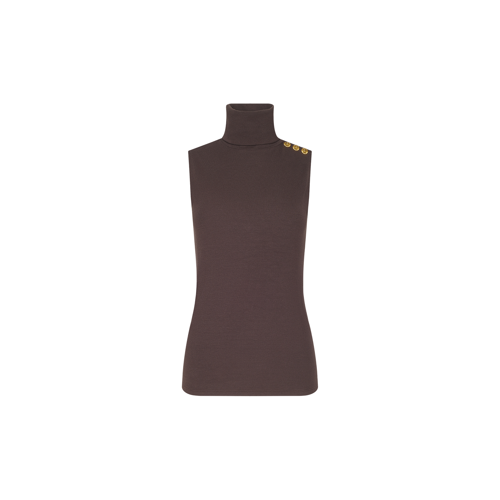 The Ceci Sleeveless Turtleneck is a brown rib knit top featuring a slim-fit turtleneck and three gold buttons on one shoulder, displayed on a plain white background.