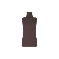 The Ceci Sleeveless Turtleneck is a brown rib knit top featuring a slim-fit turtleneck and three gold buttons on one shoulder, displayed on a plain white background.