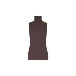 The Ceci Sleeveless Turtleneck is a brown rib knit top featuring a slim-fit turtleneck and three gold buttons on one shoulder, displayed on a plain white background.