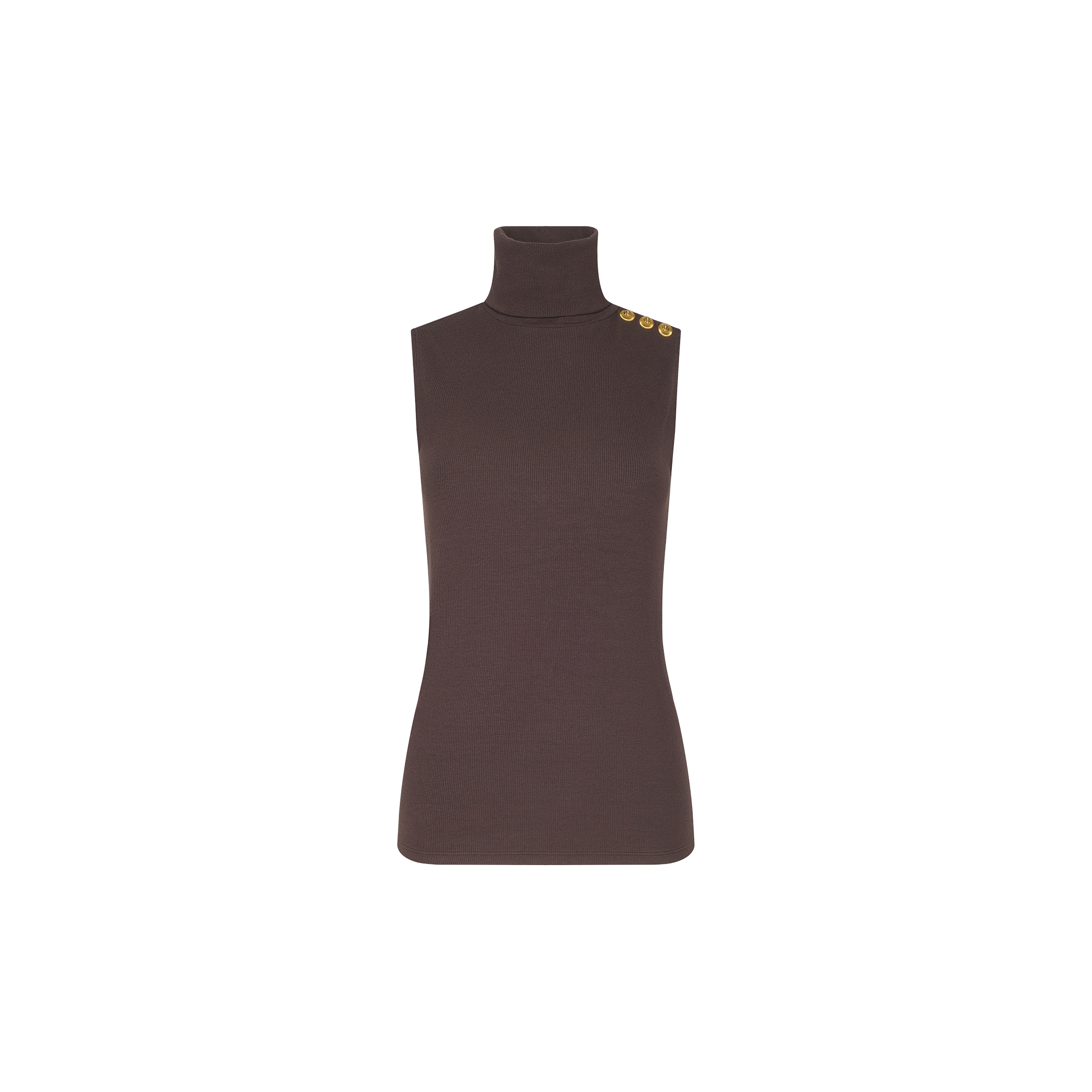The Ceci Sleeveless Turtleneck is a brown rib knit top featuring a slim-fit turtleneck and three gold buttons on one shoulder, displayed on a plain white background.