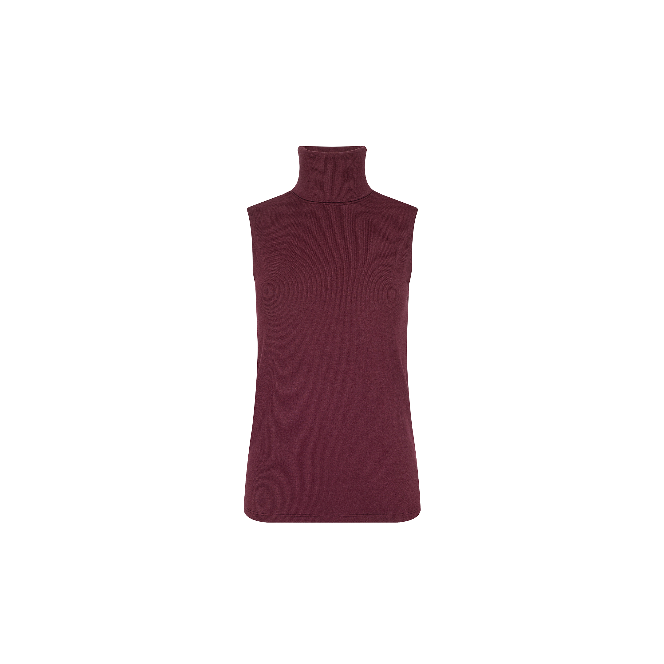Ceci Sleeveless Turtleneck in a dark burgundy slim-fit stretch rib knit.