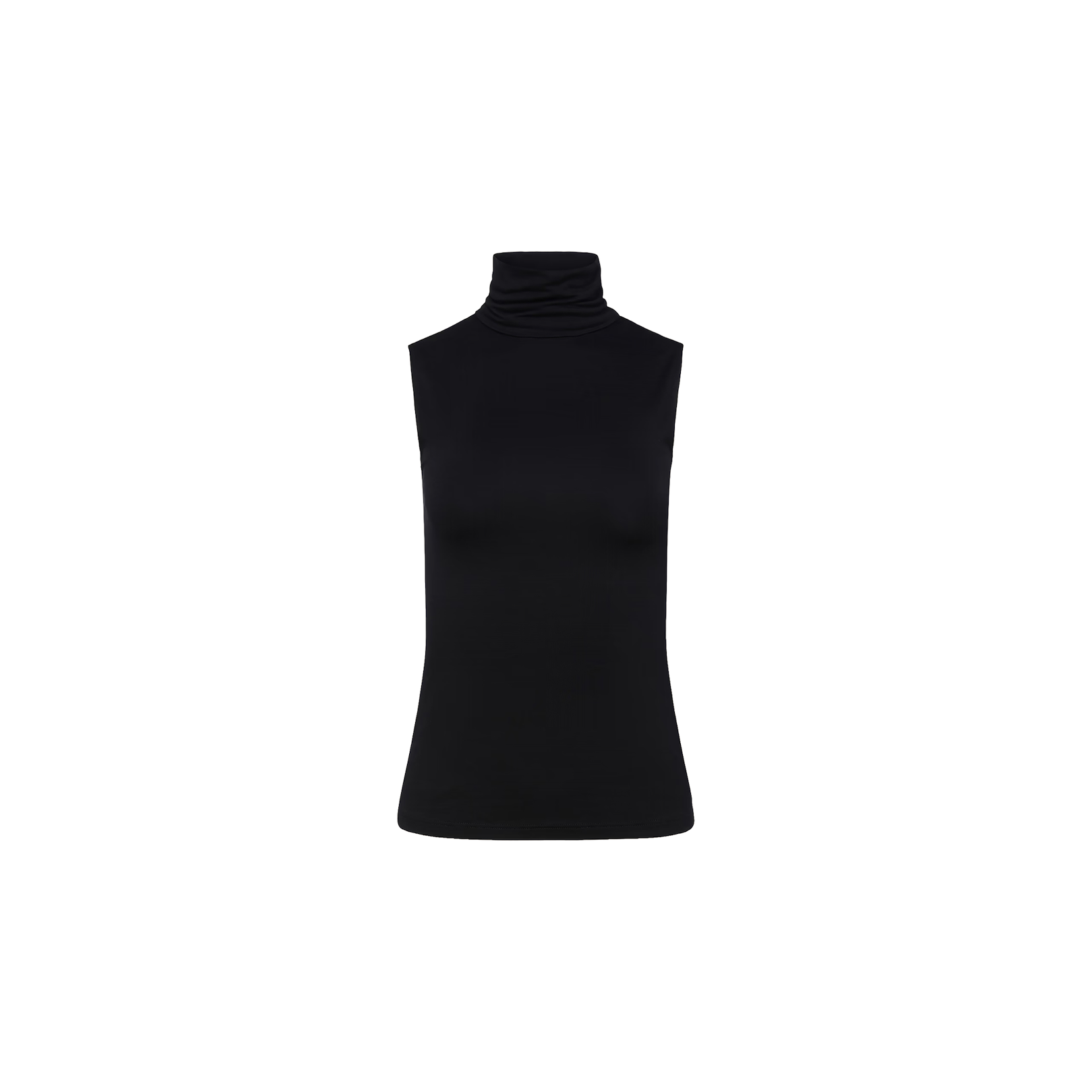 Ceci Sleeveless Turtleneck in black, shown against a plain white background. This slim fit, form-fitting top features a high neckline and a clean, pattern-free design.