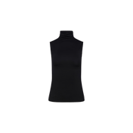 Ceci Sleeveless Turtleneck shown against a plain white background. This slim fit black top showcases a high neckline and a minimalist, fitted silhouette without any visible details or patterns.