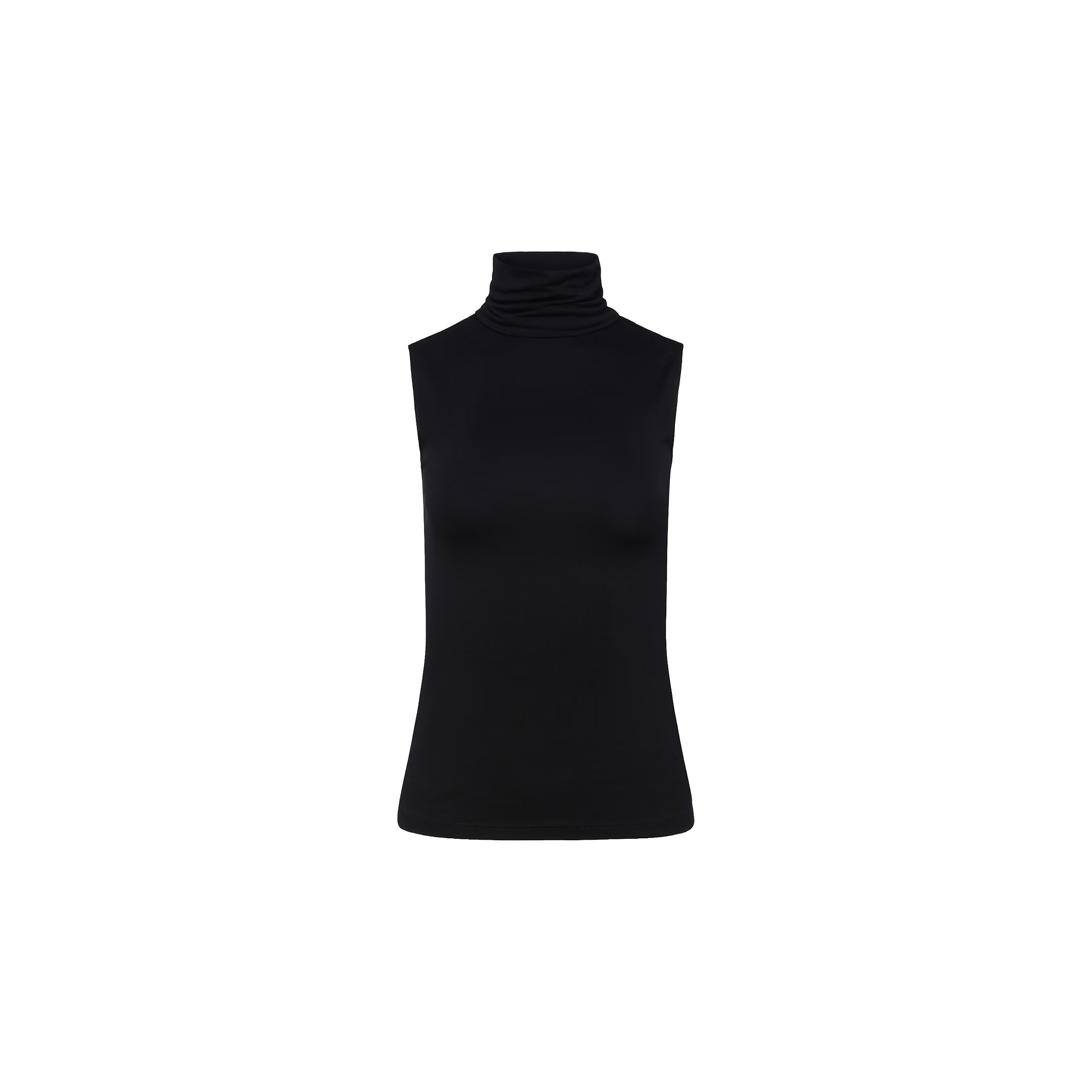 Ceci Sleeveless Turtleneck shown against a plain white background. This slim fit black top showcases a high neckline and a minimalist, fitted silhouette without any visible details or patterns.