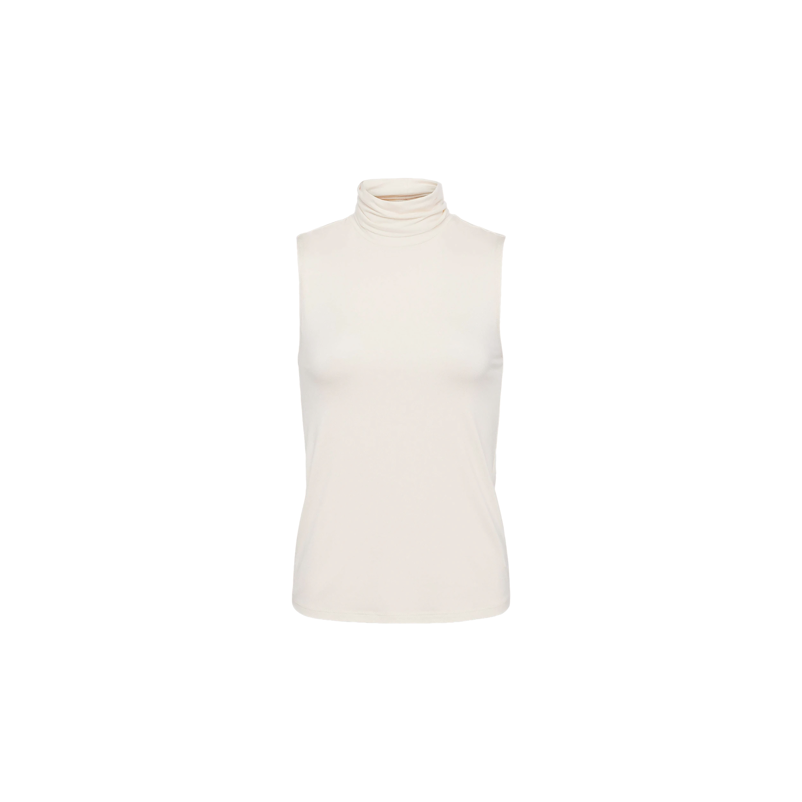 The Ceci Sleeveless Turtleneck is an off-white, slim-fit top featuring a sleeveless design and turtleneck collar, shown against a plain white background.