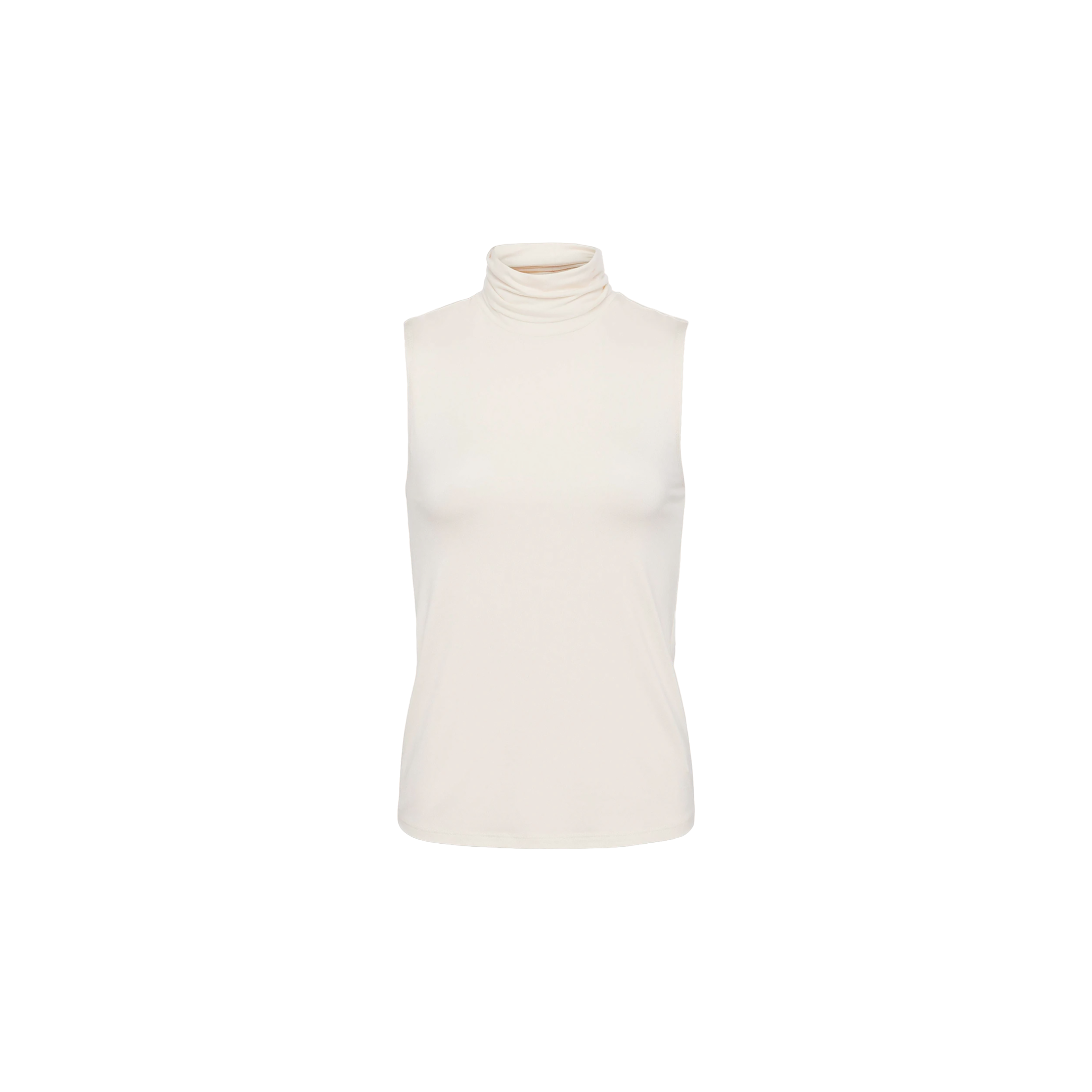 Ceci Sleeveless Turtleneck in white, featuring a slim fit and high neckline. Displayed on a plain white background, this simple and fitted top is sleeveless with no visible patterns or embellishments.