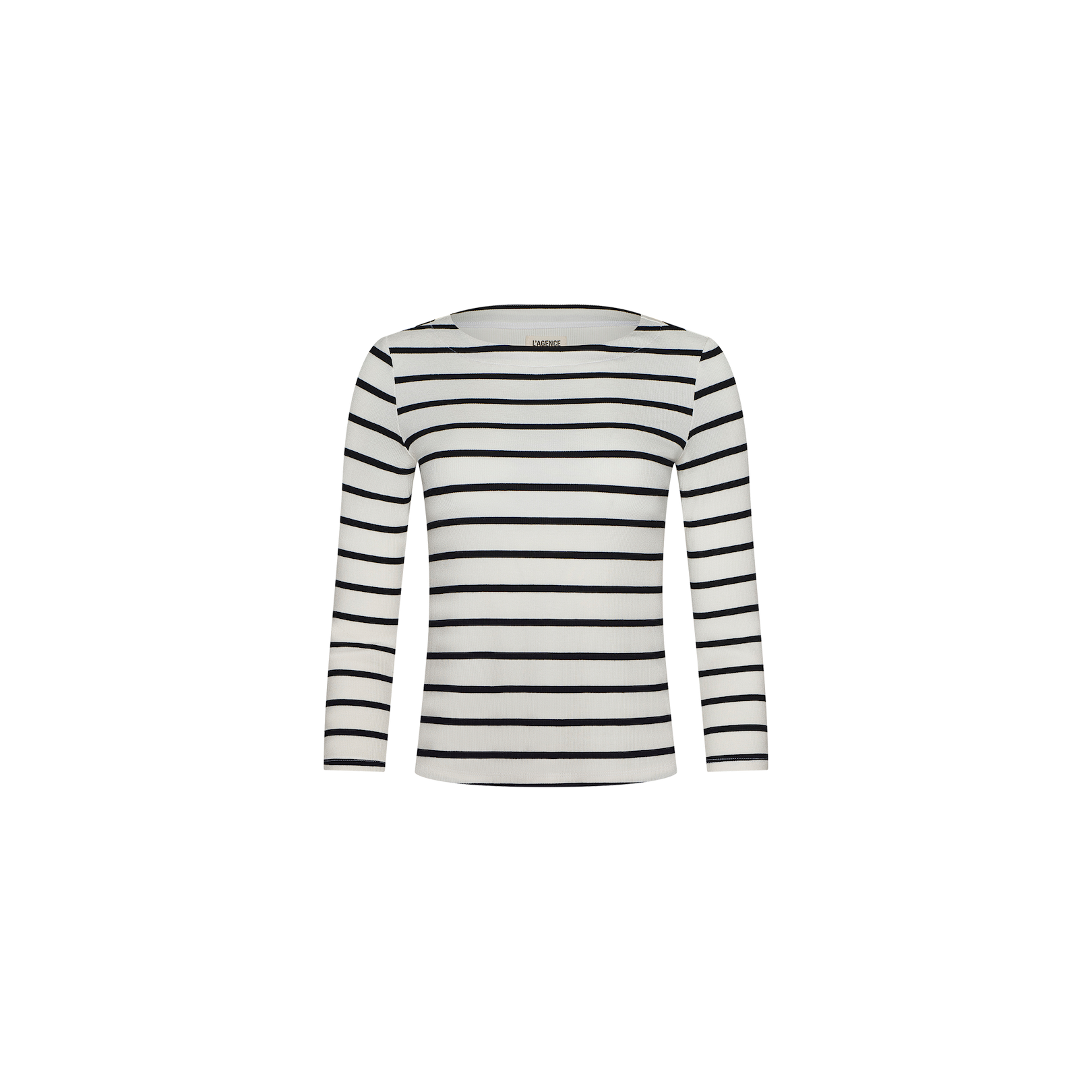 The Lucille Striped Boatneck Top is a long-sleeve, white shirt featuring timeless stripes and a boat neckline, crafted from stretch modal and displayed on a plain white background.