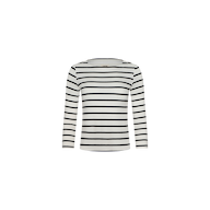 The Lucille Striped Boatneck Top is a long-sleeve, white shirt featuring timeless stripes and a boat neckline, crafted from stretch modal and displayed on a plain white background.
