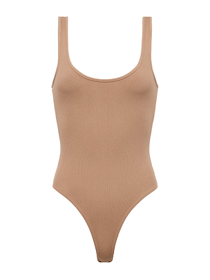 The L'AGENCE Nica Scoopneck Bodysuit features a beige stretch rib, sleeveless design, and high-cut leg openings, shown on a plain white background.