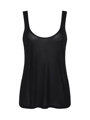 The Celia Scoopneck Tank is a sleeveless, black top shown on a white background. Made from featherweight jersey, it features a scoop neck, a relaxed loose fit, and lightweight, slightly sheer fabric.