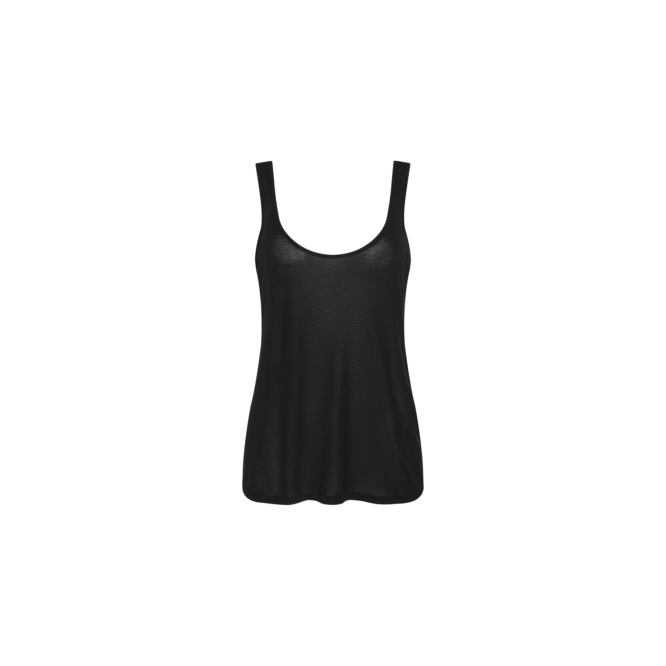 Celia Scoopneck Tank in black, featuring a sleeveless design and crafted from featherweight jersey with a scoop neckline. Displayed on a plain white background, the fabric appears lightweight and slightly sheer.