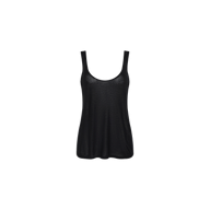 Celia Scoopneck Tank in black, featuring a sleeveless design and crafted from featherweight jersey with a scoop neckline. Displayed on a plain white background, the fabric appears lightweight and slightly sheer.