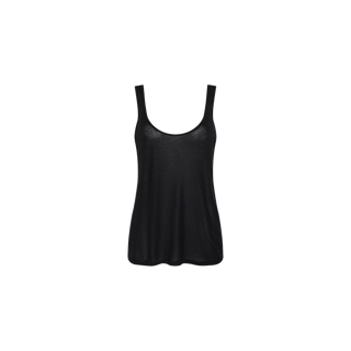 The Celia Scoopneck Tank is a black, sleeveless top made from featherweight jersey, featuring a scoop neckline and shown against a plain white background.