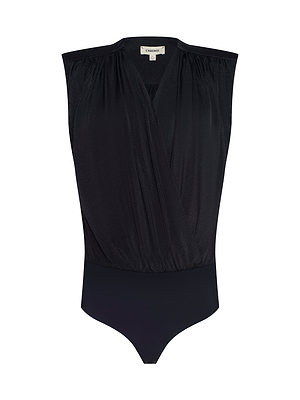 The Akari Bodysuit is a sleeveless black piece in liquid jersey, featuring a wrap-style V-neckline, gathered shoulders, and a fitted bottom. Displayed on a white background.