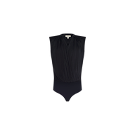 The Akari Bodysuit is a sleeveless black wrap-style piece featuring a draped neckline, made from soft, lightweight liquid jersey fabric. Shown against a plain white background.