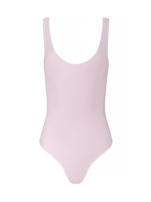 The Nica Scoopneck Bodysuit in light pink offers a sculpted fit with a scoop neckline and high-cut leg openings, shown against a plain white background.