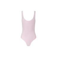 The Nica Scoopneck Bodysuit is a light pink, sleeveless piece featuring high-cut leg openings, shown against a plain white background.