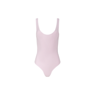 Light pink Nica Scoopneck Bodysuit with a sculpted fit, sleeveless design, scoop neckline, and high-cut legs, displayed on a plain white background.