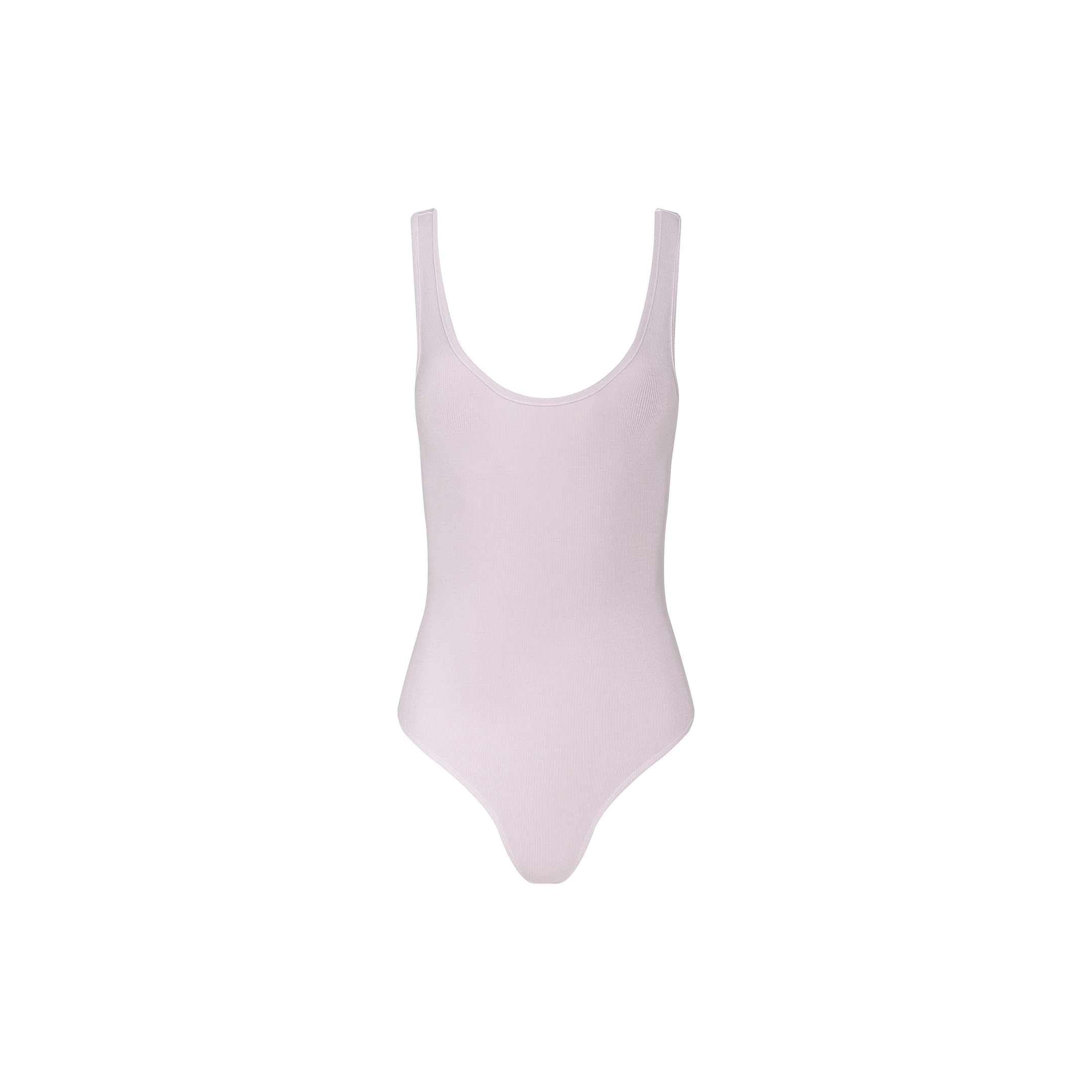The Nica Scoopneck Bodysuit is a light pink, sleeveless piece featuring high-cut leg openings, shown against a plain white background.