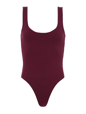 The Nica Scoopneck Bodysuit is a sleeveless, ribbed maroon piece with a scoop neckline and high-cut legs, shown on a white background.