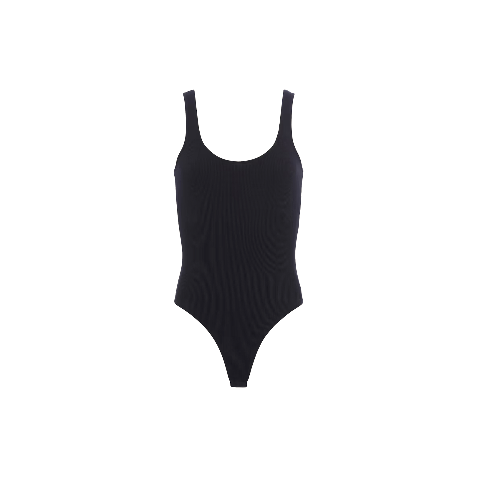 The Nica Scoopneck Bodysuit, a black one-piece swimsuit featuring a scoop neckline and high-cut legs, is displayed against a plain white background.