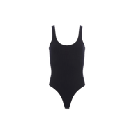 The Nica Scoopneck Bodysuit is a plain black one-piece with a scoop neckline, high-cut legs, and a cheeky silhouette, displayed on a white background.