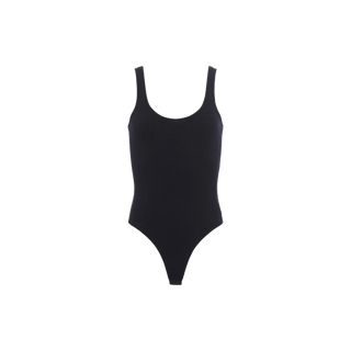 The Nica Scoopneck Bodysuit, a black one-piece swimsuit featuring a scoop neckline and high-cut legs, is displayed against a plain white background.