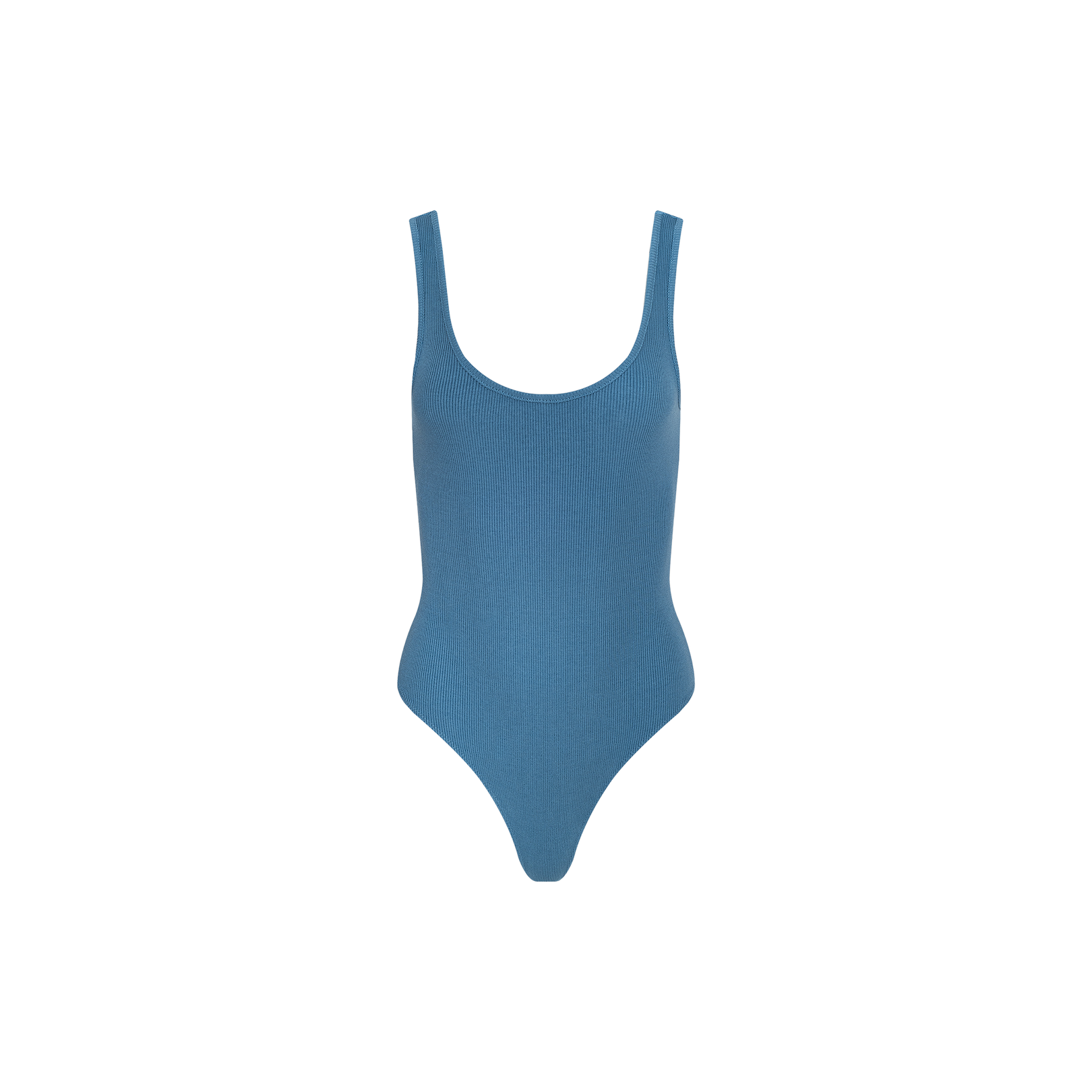 The Nica Scoopneck Bodysuit is a blue, sleeveless one-piece with a sculpted fit, featuring a scoop neckline and high-cut legs, shown against a plain white background.