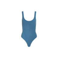 The Nica Scoopneck Bodysuit, a sleeveless blue one-piece with a sculpted fit and scoop neck, is displayed on a plain white background.